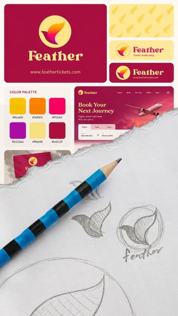 Feather — Reisemarken-Identität: Skizzen, Logo, Farbpalette und digitale Anwendungen.